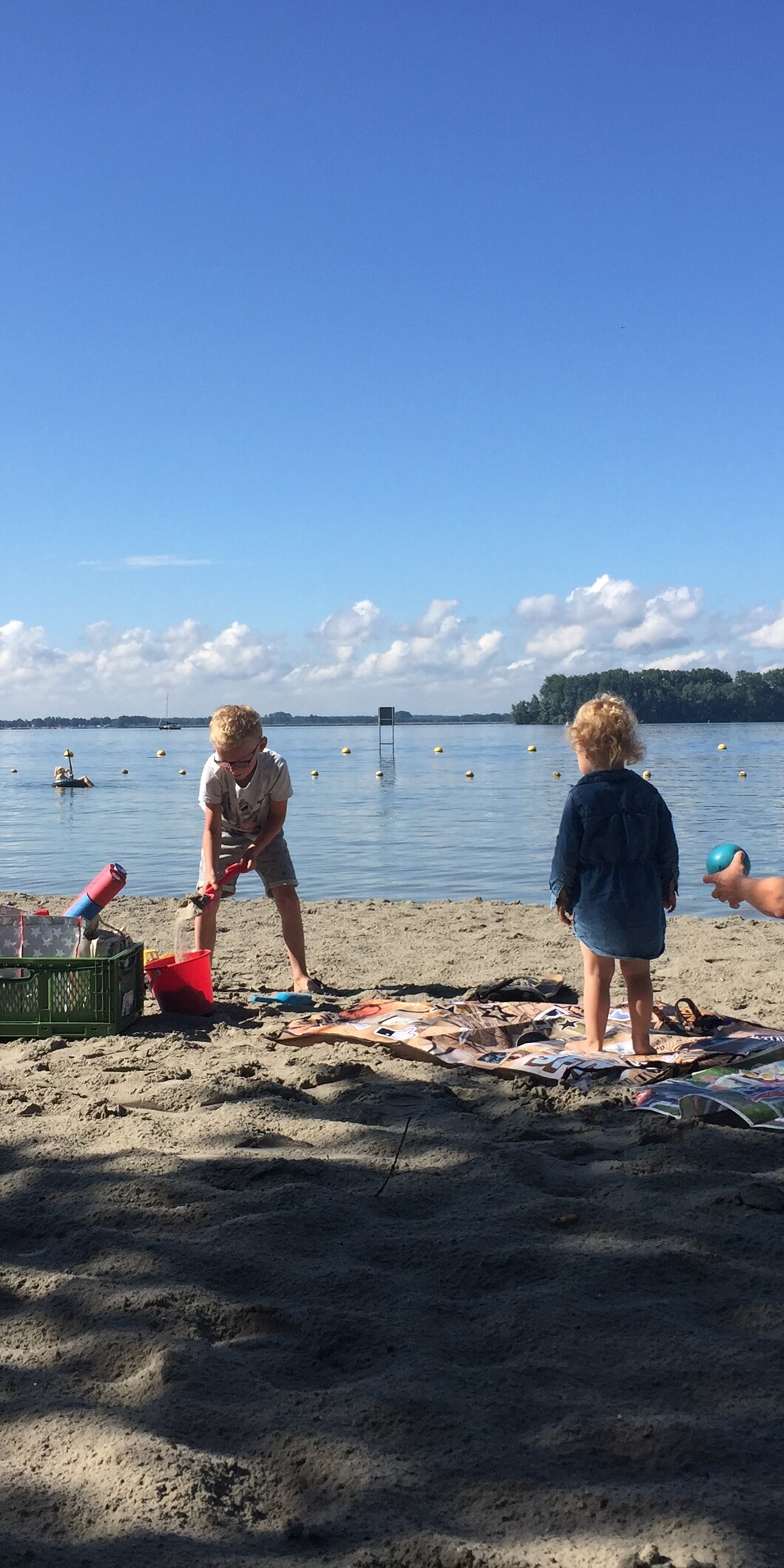 Vader met spelende kinderen op het strand in Biddinghuizen
